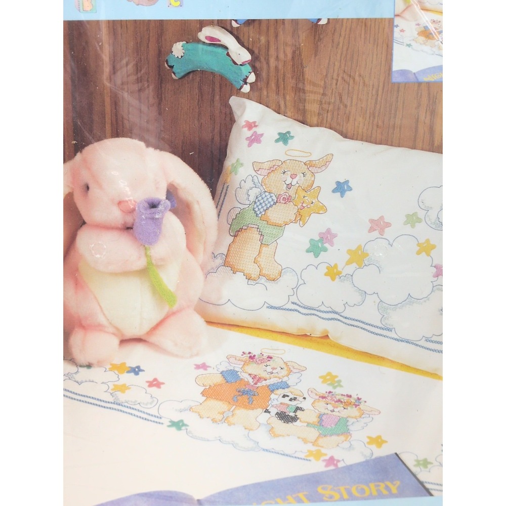 Bucilla BabyCross Stitch Kit Heavenly Bunnies Sheet Pillowcase Cross Stitch Kit
